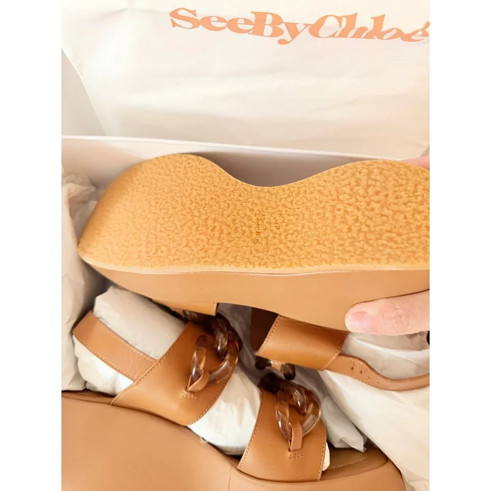 See By Chloe Mahe Platform Wedge Sandals Women 41 Tan NEW Leather Chain SB38095A